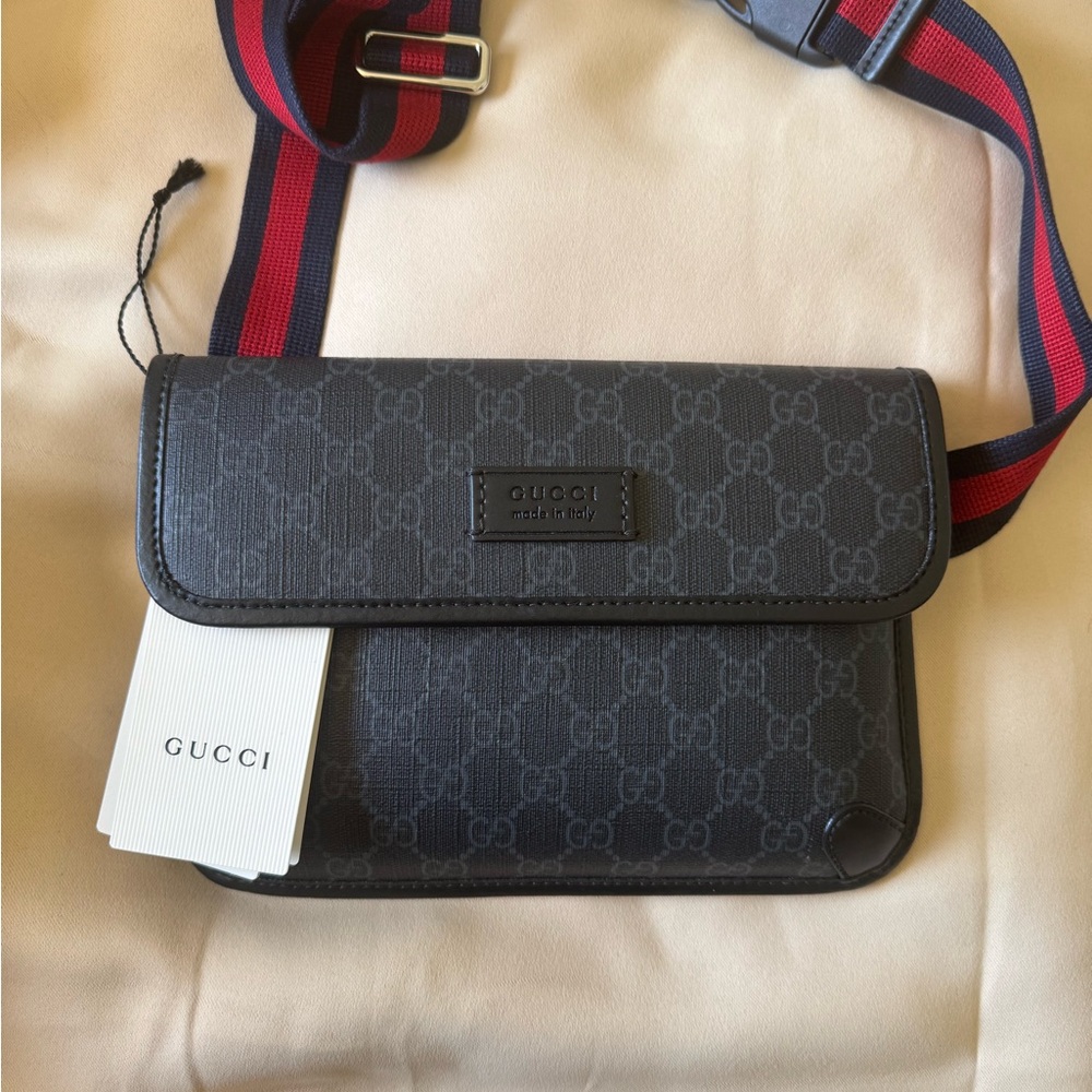 Gucci Black Belt Bag with Monogram Canvas and Webbing Strap